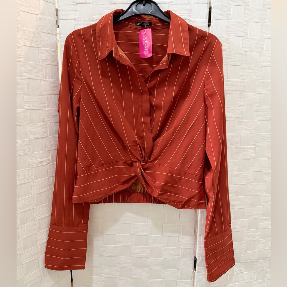 NWT AGACI Copper Orange Striped Twist Front Cropped Button Up Top M